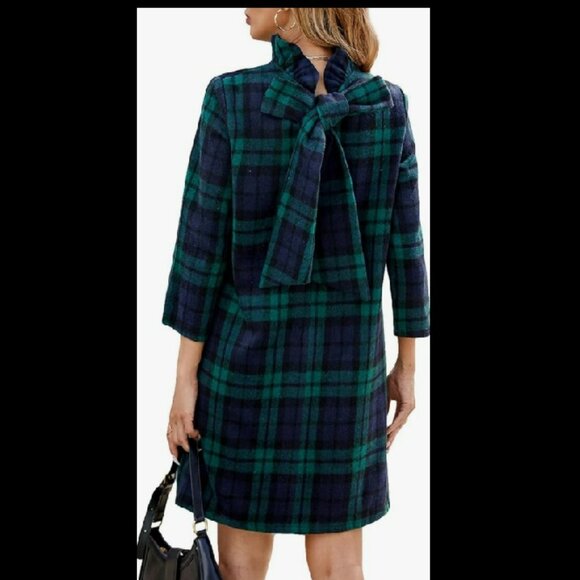 Blue Tartan Wool Bow Shift Dress Sz XXL - Picture 1 of 16